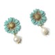Flowers and pearls - Σκουλαρίκια μαργαρίτες από γαλάζιο/μπρονζέ πηλό και μαργαριτάρια