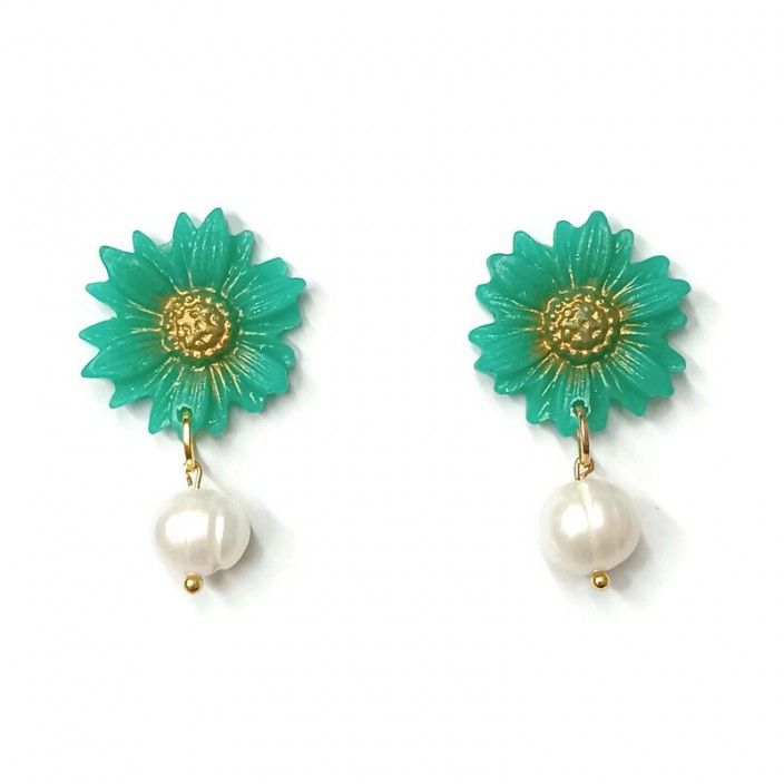 Flowers and pearls - Σκουλαρίκια μαργαρίτες από βεραμάν πηλό και μαργαριτάρια