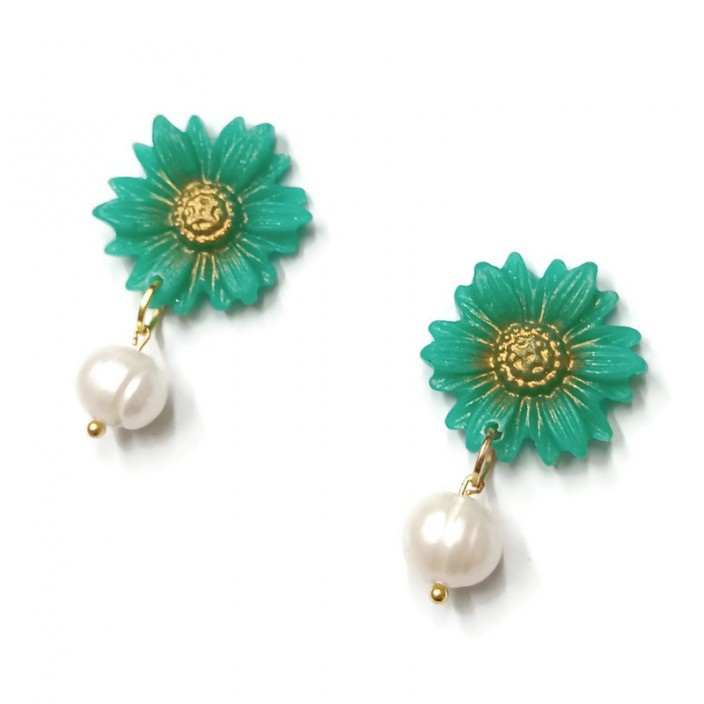 Flowers and pearls - Σκουλαρίκια μαργαρίτες από βεραμάν πηλό και μαργαριτάρια