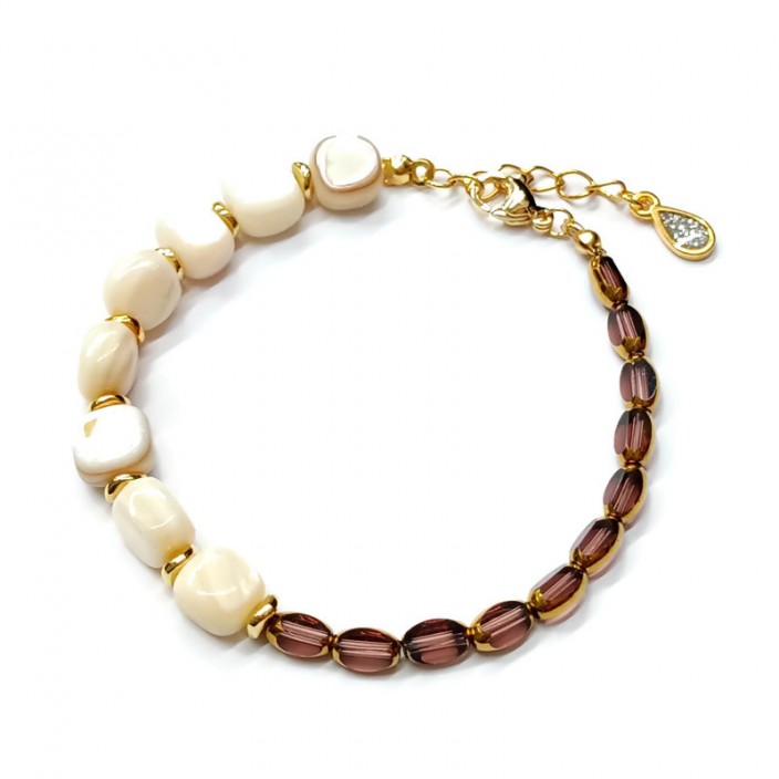 Βραχιόλι με μωβ/χρυσές γυάλινες χάντρες, χάντρες φίλντισι και δάκρυ με γκλίτερ