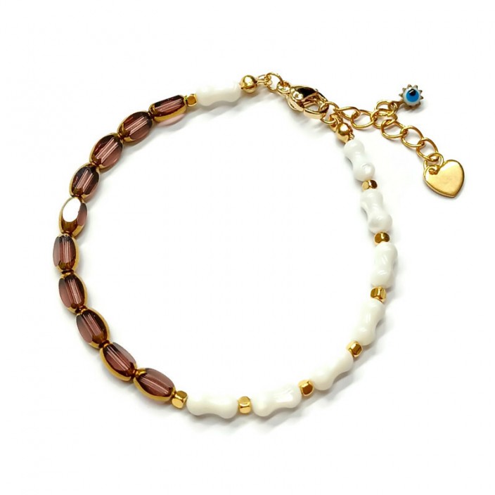 Βραχιόλι με μωβ/χρυσές γυάλινες χάντρες, χάντρες φίλντισι, ματάκι και ατσάλινη καρδιά