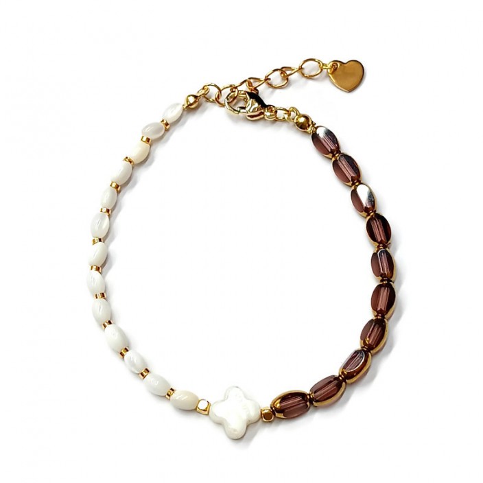 Βραχιόλι με μωβ/χρυσές γυάλινες χάντρες, ρυζάκι χάντρες φίλντισι και σταυρό φίλντισι