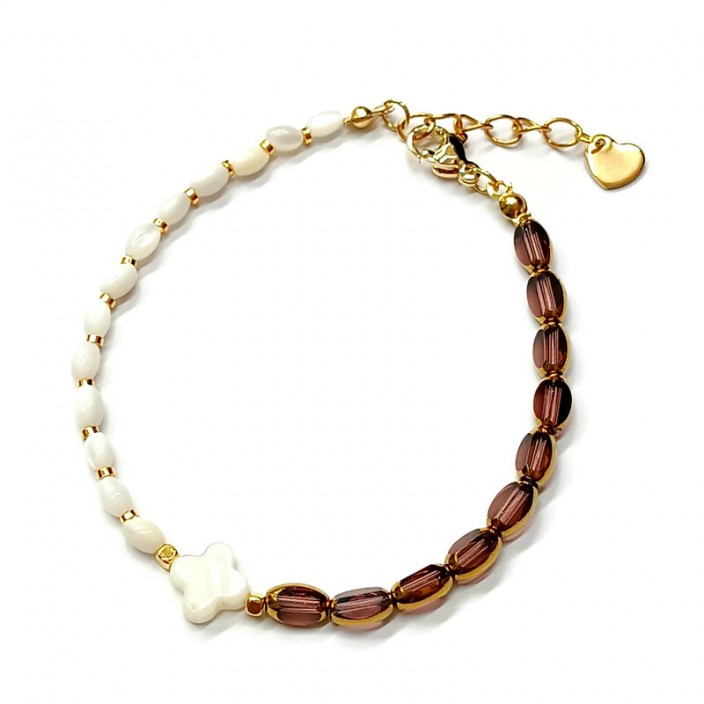 Βραχιόλι με μωβ/χρυσές γυάλινες χάντρες, ρυζάκι χάντρες φίλντισι και σταυρό φίλντισι