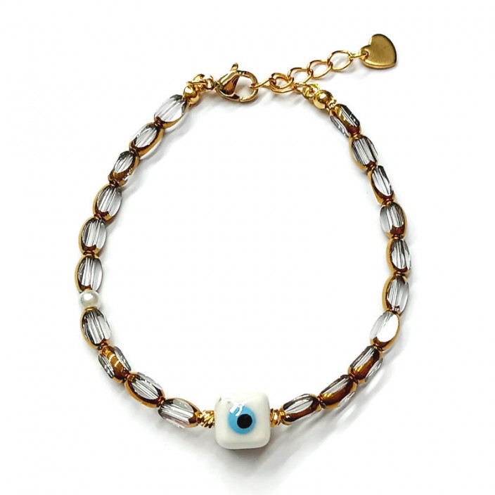 Βραχιόλι με διάφανες/χρυσές γυάλινες χάντρες,κεραμικό λευκό μάτι και ατσάλινη καρδιά