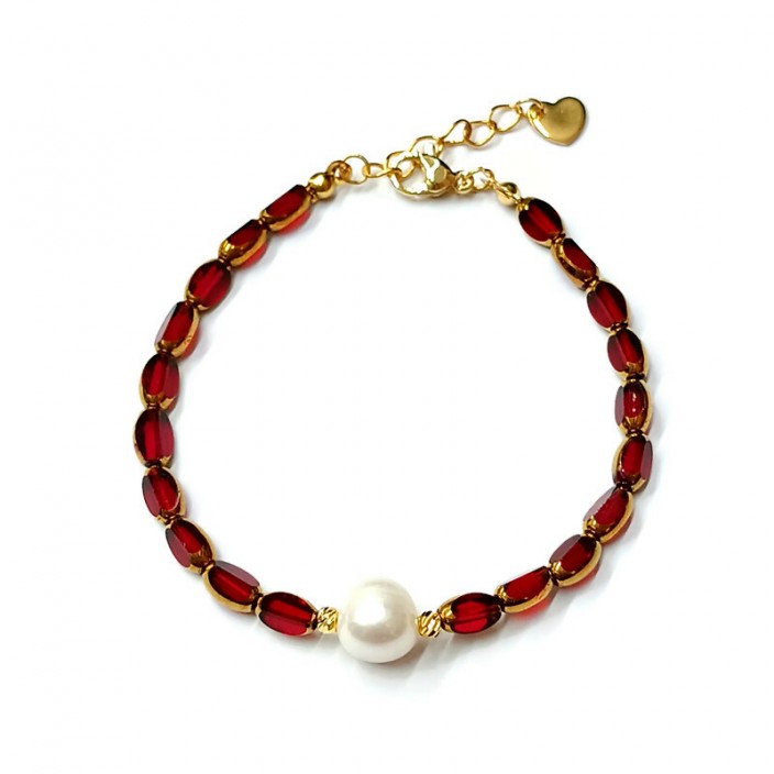 Βραχιόλι με κόκκινες/χρυσές γυάλινες χάντρες, μαργαριτάρι και ατσάλινη καρδιά