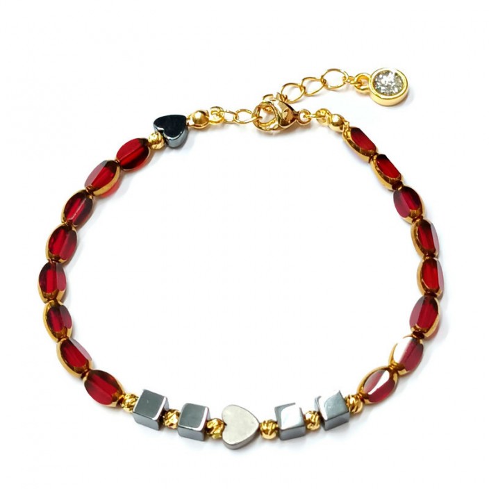 Βραχιόλι με κόκκινες/χρυσές γυάλινες χάντρες, αιματίτη και στοιχείο με γκλίτερ