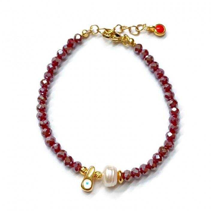 Βραχιόλι με μπορντώ κρύσταλλα, ματάκι-δάκρυ και μαργαριτάρι