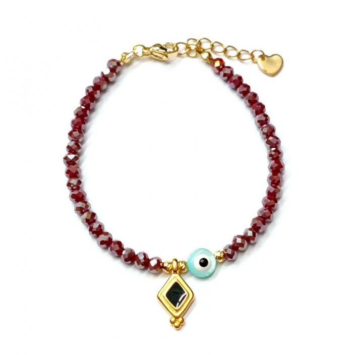 Βραχιόλι με μπορντώ κρύσταλλα, ρόμβο με μαύρο σμάλτο και ματάκι φίλντισι
