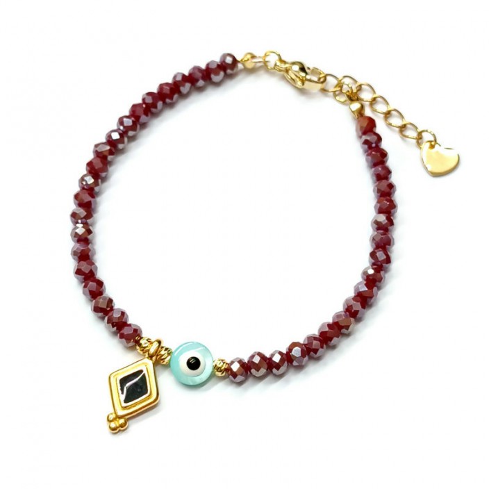 Βραχιόλι με μπορντώ κρύσταλλα, ρόμβο με μαύρο σμάλτο και ματάκι φίλντισι