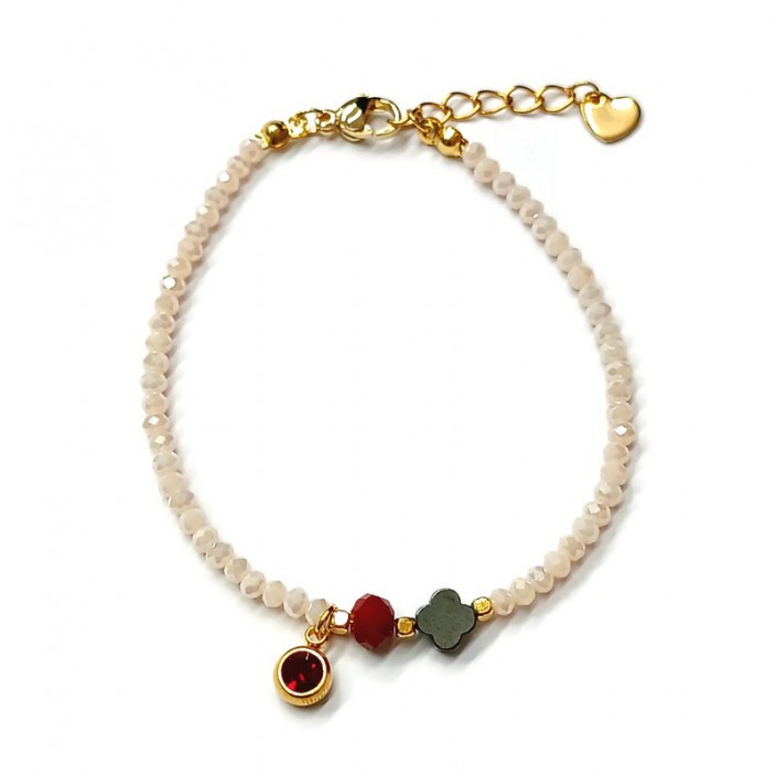 Βραχιόλι με κρεμ κρύσταλλα, ατσάλινο καστόνι με κόκκινο κρύσταλλο και καρδιά