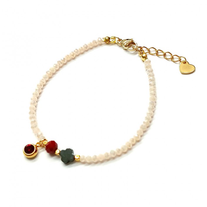 Βραχιόλι με κρεμ κρύσταλλα, ατσάλινο καστόνι με κόκκινο κρύσταλλο και καρδιά