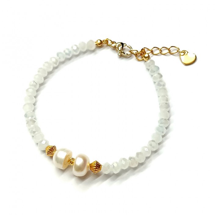 Βραχιόλι με λευκά κρύσταλλα, μαργαριτάρια και επίχρυση ατσάλινη καρδιά