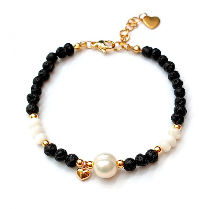 Βραχιόλι με μαύρη λάβα, φίλντισι και μαργαριτάρι