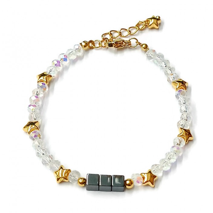 Βραχιόλι με διάφανες-ιριδίζον χάντρες, αιματίτη και επίχρυσα αστεράκια