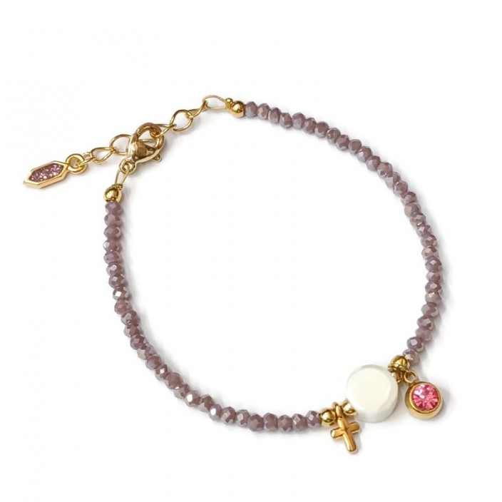 Βραχιόλι με μωβ κρύσταλλα, μίνι σταυρό και charms