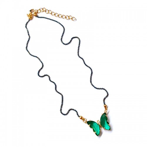 Κολιέ με πετρόλ αλυσίδα και επίχρυση πεταλούδα με πράσινα κρύσταλλα και ζιργκόν