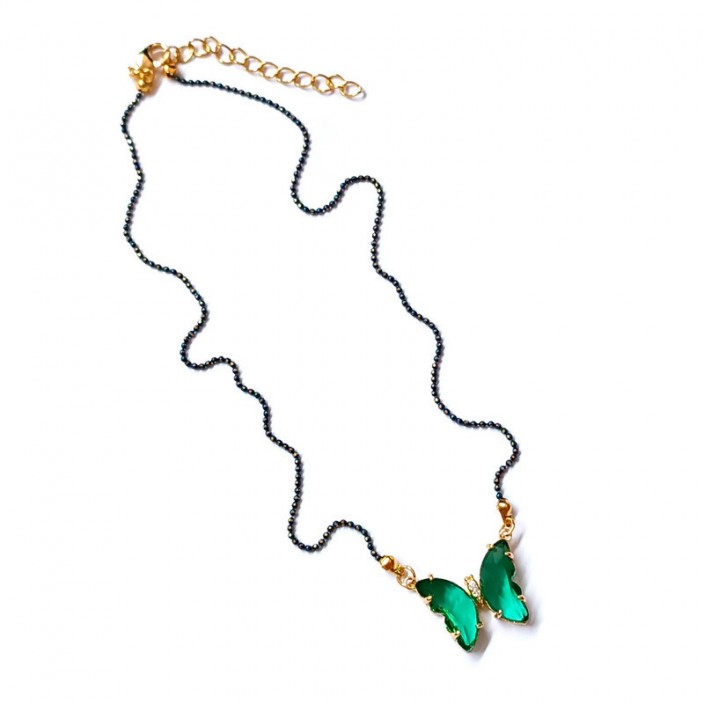 Κολιέ με πετρόλ αλυσίδα και επίχρυση πεταλούδα με πράσινα κρύσταλλα και ζιργκόν