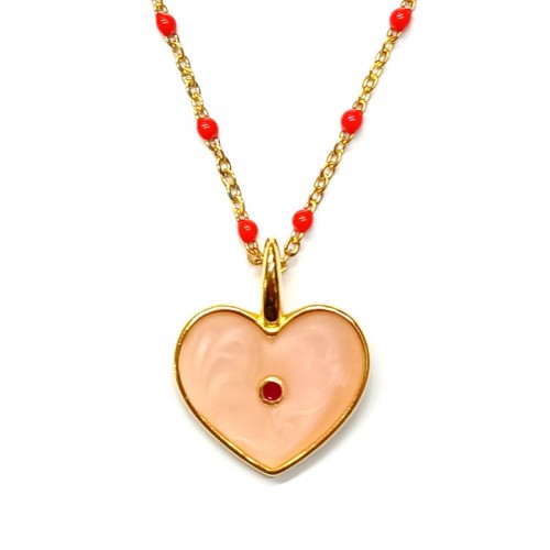 Κολιέ με ατσάλινη αλυσίδα ροζάριο με κόκκινο σμαλτο και επίχρυση καρδιά με σομόν/κόκκινο σμάλτο