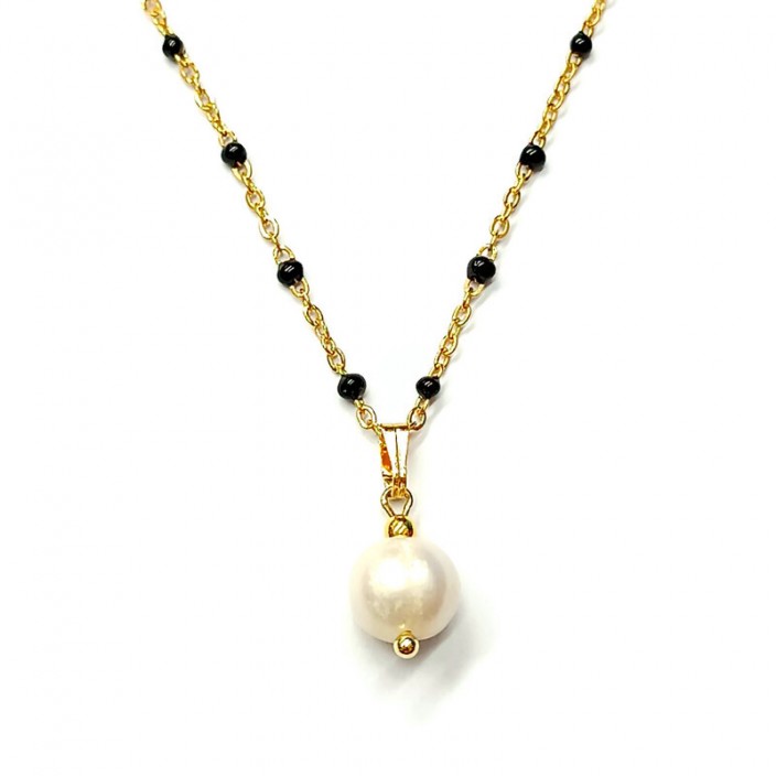 Κολιέ με ατσάλινη αλυσίδα ροζάριο με μαύρο σμαλτο και μαργαριτάρι