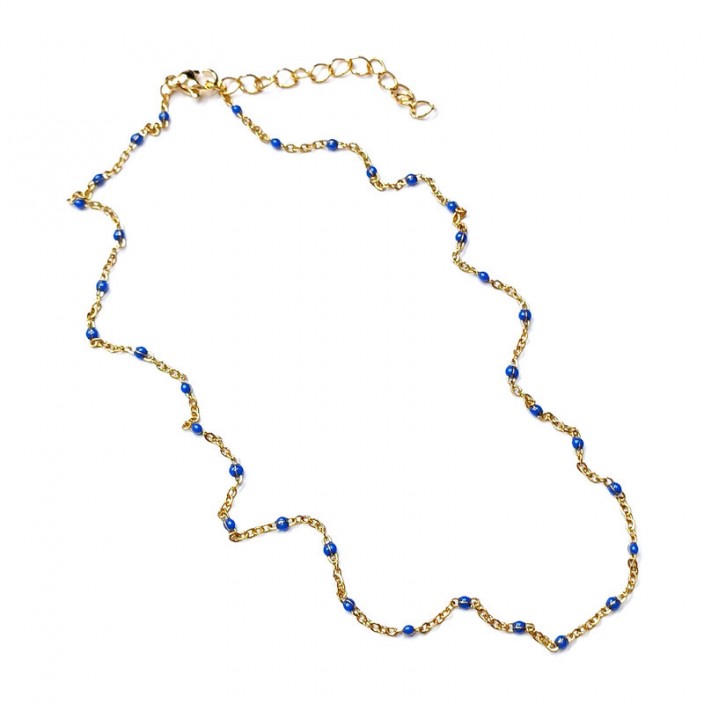 Κολιέ με ατσάλινη αλυσίδα ροζάριο με μπλε σμαλτο