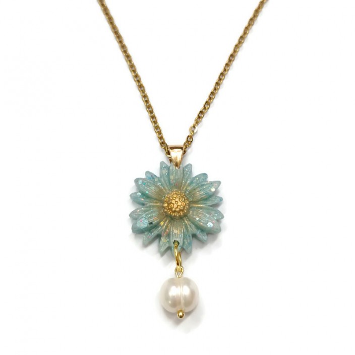 Flowers collection - Κολιέ με ατσάλινη αλυσίδα, λουλούδι από γαλάζιο πηλό με γκλίτερ και μαργαριτάρι