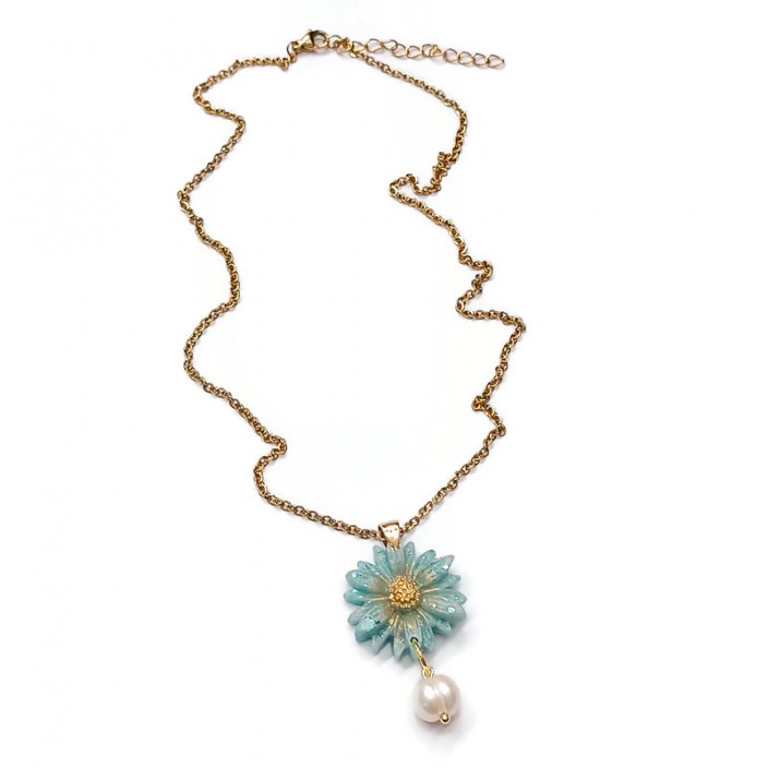 Flowers collection - Κολιέ με ατσάλινη αλυσίδα, λουλούδι από γαλάζιο πηλό με γκλίτερ και μαργαριτάρι