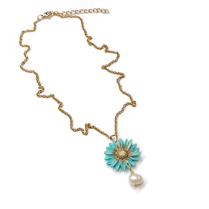 Flowers collection - Κολιέ με ατσάλινη αλυσίδα, λουλούδι από γαλάζιο πηλό και μαργαριτάρι