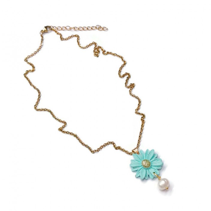 Flowers collection - Κολιέ με ατσάλινη αλυσίδα, λουλούδι από mint πηλό και μαργαριτάρι