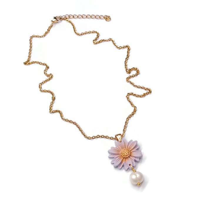 Flowers collection - Κολιέ με ατσάλινη αλυσίδα, λουλούδι από λιλά πηλό και μαργαριτάρι
