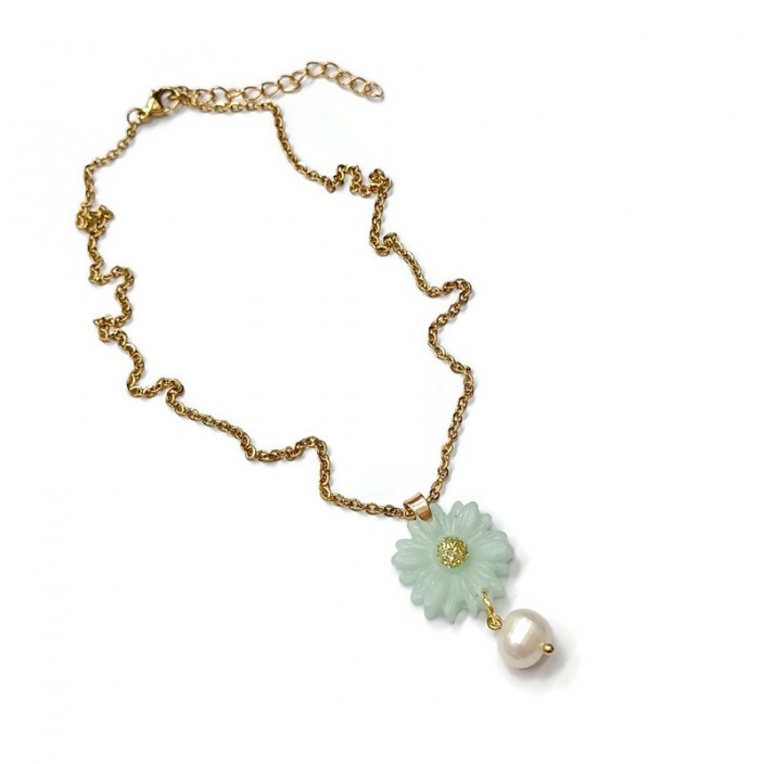 Flowers collection - Κολιέ με ατσάλινη αλυσίδα, λουλούδι από γαλάζιο του πάγου πηλό και μαργαριτάρι