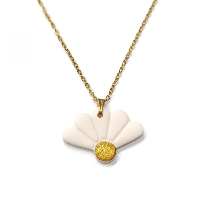 Flowers collection - Κολιέ με ατσάλινη αλυσίδα και λευκή μισή μαργαρίτα από πηλό