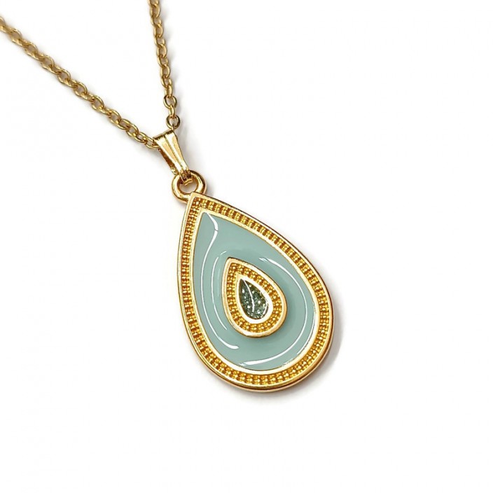 Κολιέ με ατσάλινη αλυσίδα και μενταγιόν δάκρυ με γαλάζιο σμάλτο