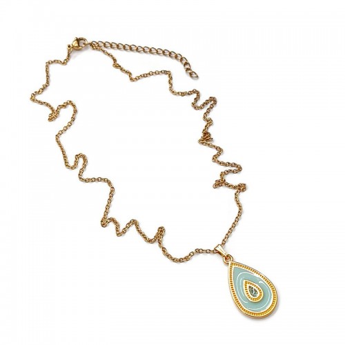 Κολιέ με ατσάλινη αλυσίδα και μενταγιόν δάκρυ με γαλάζιο σμάλτο