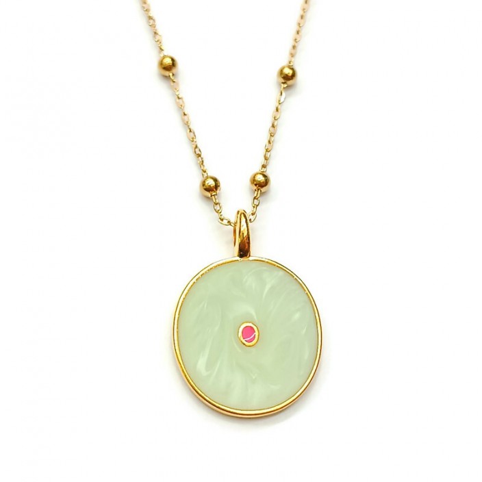 Κολιέ - ατσάλινη αλυσίδα με μπίλιες και στρογγυλό μενταγιόν μάτι με σμάλτο