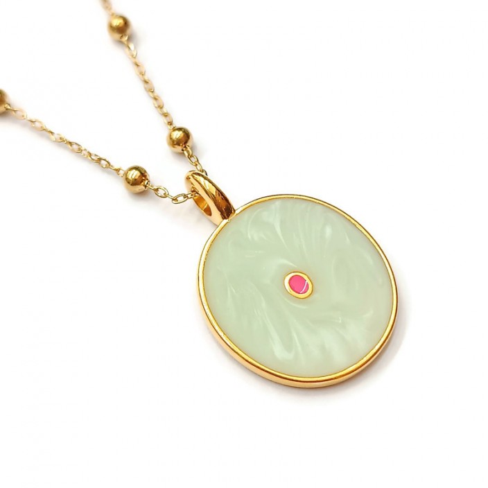 Κολιέ - ατσάλινη αλυσίδα με μπίλιες και στρογγυλό μενταγιόν μάτι με σμάλτο