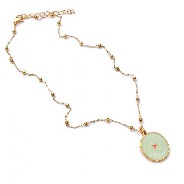 Κολιέ - ατσάλινη αλυσίδα με μπίλιες και στρογγυλό μενταγιόν μάτι με σμάλτο