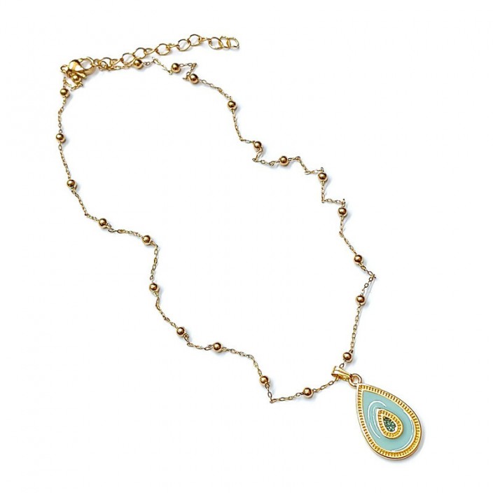 Κολιέ - ατσάλινη αλυσίδα με μπίλιες και επίχρυσο δάκρυ με γαλάζιο σμάλτο