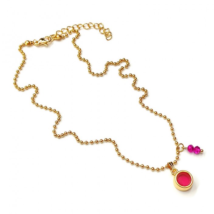 Κολιέ με ατσάλινη αλυσίδα και στρογγυλό μοτίφ με φούξια διάφανο σμάλτο