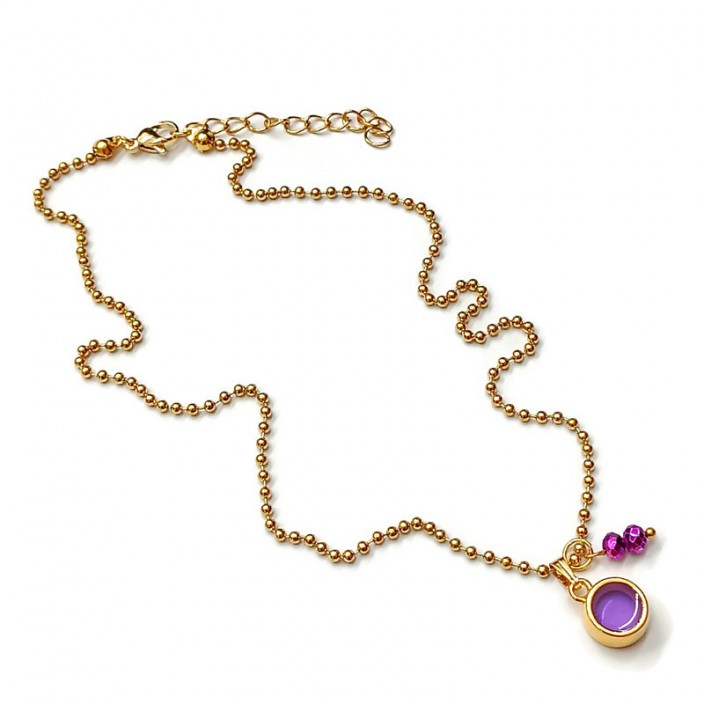 Κολιέ με ατσάλινη αλυσίδα και στρογγυλό μοτίφ με μωβ διάφανο σμάλτο