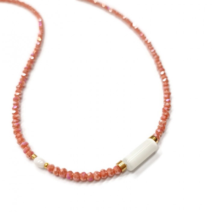 Κολιέ με σκούρα σομόν ιριδίζον κρύσταλλα και λευκή μπάρα - μάτι της γάτας