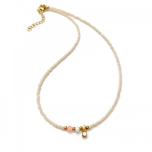 Κολιέ με κρεμ ιριδίζον κρύσταλλα και επίχρυσο μίνι ματάκι