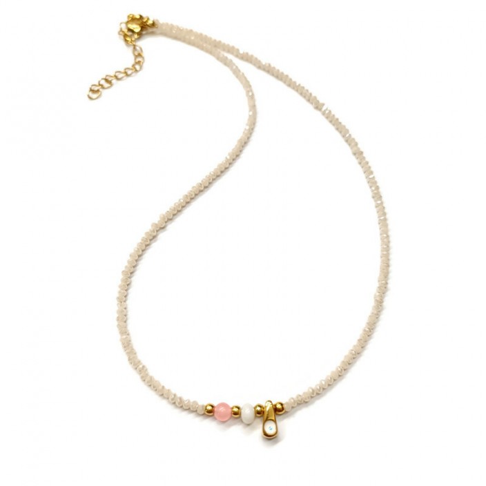 Κολιέ με κρεμ ιριδίζον κρύσταλλα και επίχρυσο μίνι ματάκι