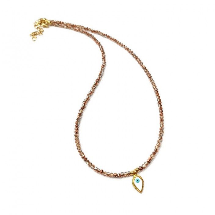 Κολιέ με ροζ χρυσά ιριδίζον κρύσταλλα και επίχρυσο ματάκι-δάκρυ
