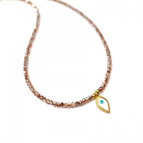 Κολιέ με ροζ χρυσά ιριδίζον κρύσταλλα και επίχρυσο ματάκι-δάκρυ