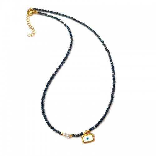 Κολιέ με μπλε ιριδίζον κρύσταλλα και επίχρυσο παραλληλόγραμμο ματάκι