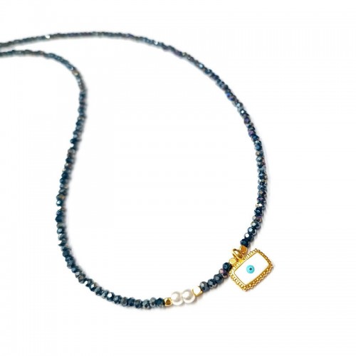 Κολιέ με μπλε ιριδίζον κρύσταλλα και επίχρυσο παραλληλόγραμμο ματάκι