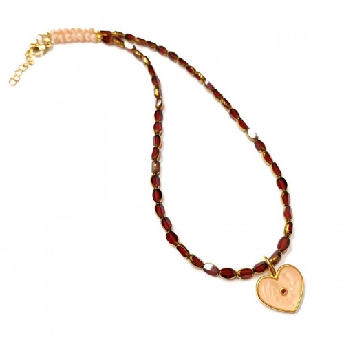 Κολιέ με κόκκινες/χρυσές χάντρες και καρδιά με σομόν/κόκκινο σμάλτο