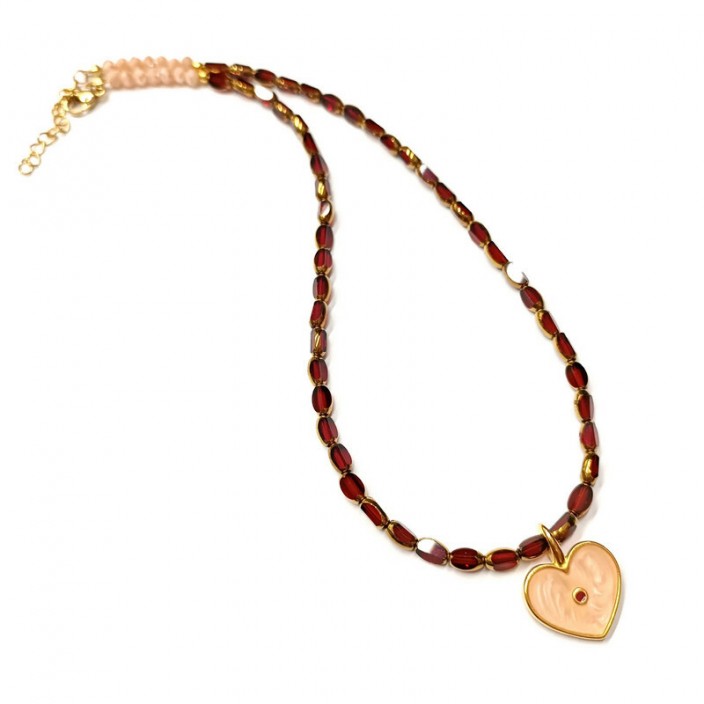 Κολιέ με κόκκινες/χρυσές χάντρες και καρδιά με σομόν/κόκκινο σμάλτο