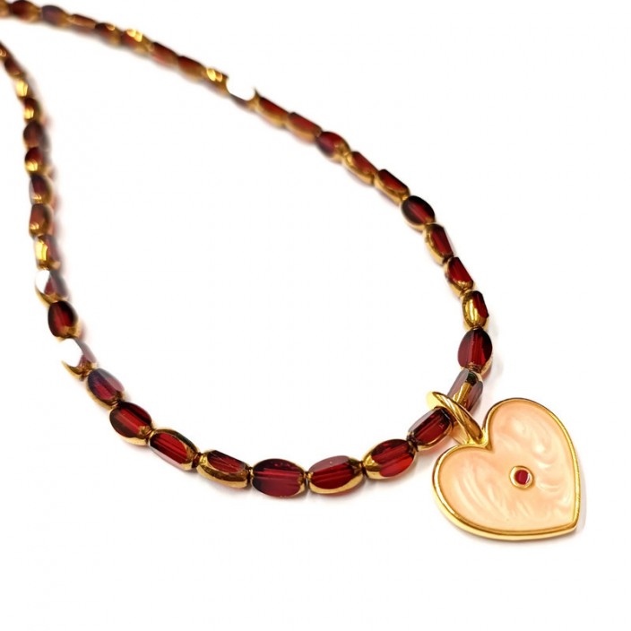 Κολιέ με κόκκινες/χρυσές χάντρες και καρδιά με σομόν/κόκκινο σμάλτο