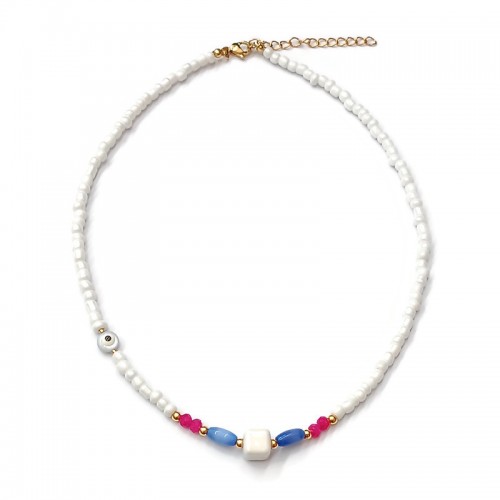 Κολιέ με λευκές μίνι χάντρες κεραμικό λευκό κύβο και ματάκι από φίλντισι